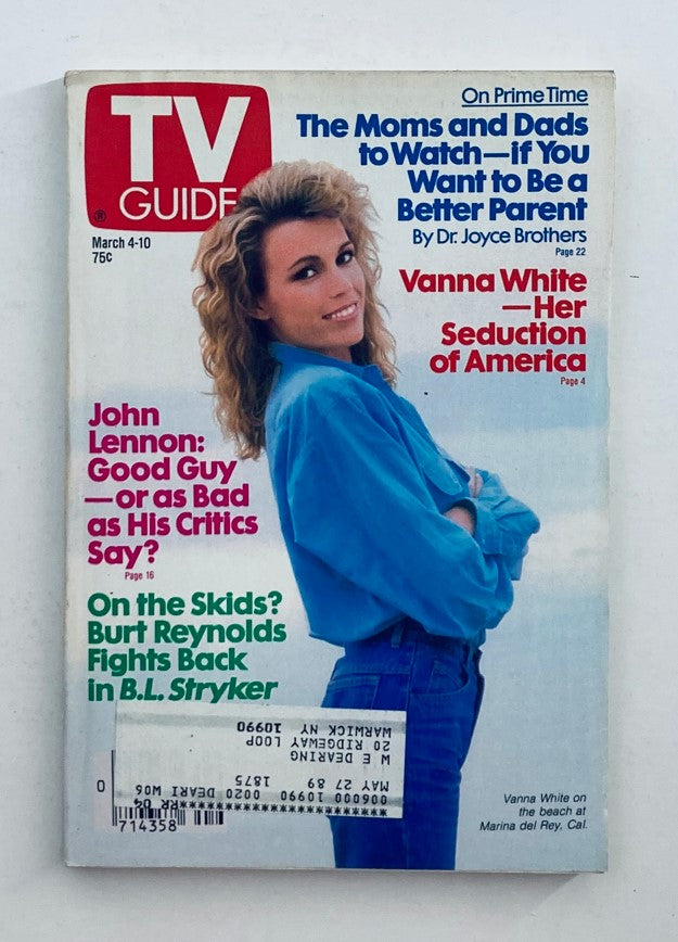 TV Guide Magazine cover from March 4, 1989 featuring Vanna White at Marina del Rey, California. The magazine includes articles on John Lennon, family advice, and Burt Reynolds. A vintage collectible in pristine condition.