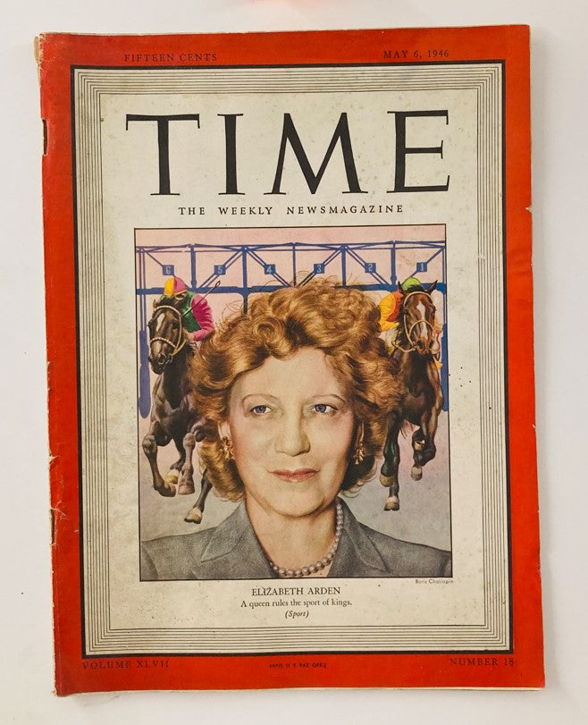 VTG Time Magazine May 6 1946 featuring Elizabeth Arden on the cover, showcasing her influence in the cosmetics industry with a vibrant illustration.