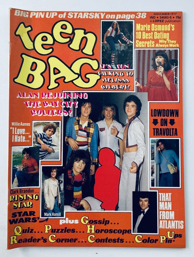 VTG Teen Bag Magazine Cover from November 1977 featuring Mark Hamill and Lisa Presley, showcasing vibrant colors and retro designs, perfect for collectors of 1970s pop culture.