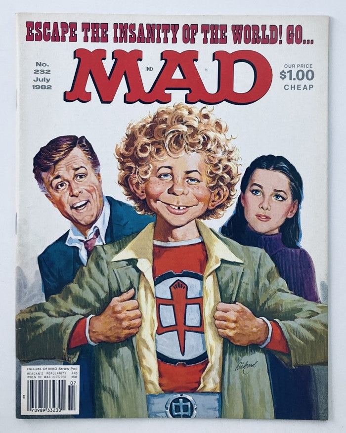 Cover of VTG Mad Magazine July 1982 No. 232 titled 'Escape The Insanity of World,' featuring vibrant artwork of a boy with curly hair and two adults, capturing the comedic essence of the era.