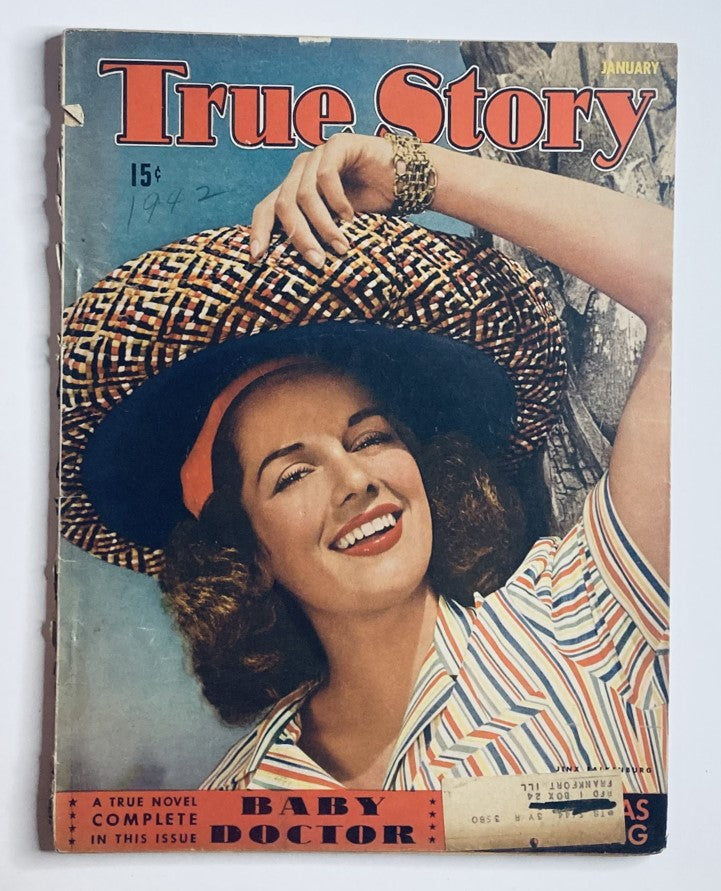 Cover of VTG True Story Magazine January 1942, Volume 45, Number 6 featuring a smiling woman in a striped shirt and wide-brimmed hat, titled "True Story" with the subtitle "Baby Doctor."
