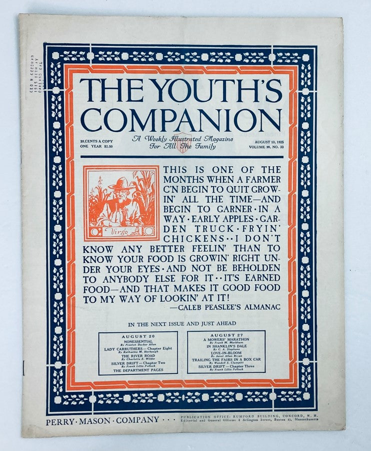Cover of VTG The Youth's Companion Magazine August 13 1925 Vol 99 #33 'The Telephone Door', featuring bold typography and vintage illustrations.