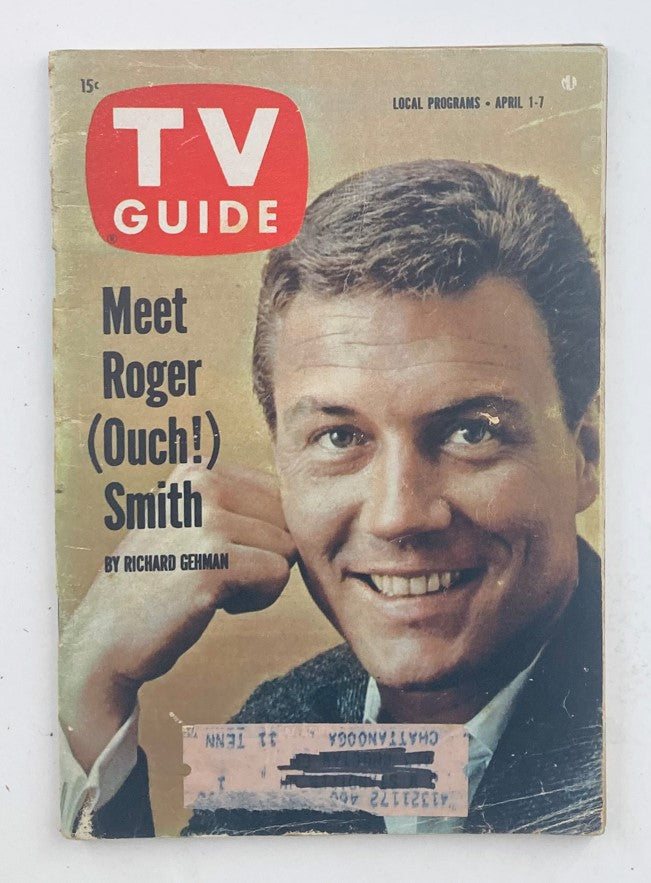 Cover of TV Guide Magazine April 1, 1961, issue number 418 featuring Roger Smith, highlighting the article 'Meet Roger (Ouch!) Smith' by Richard Gehman.