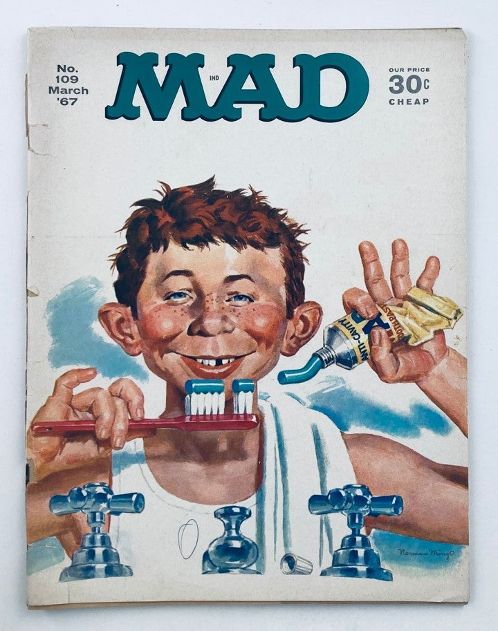 Cover of Mad Magazine March 1967 No. 109 featuring a boy brushing his teeth with humorous elements and vibrant colors.