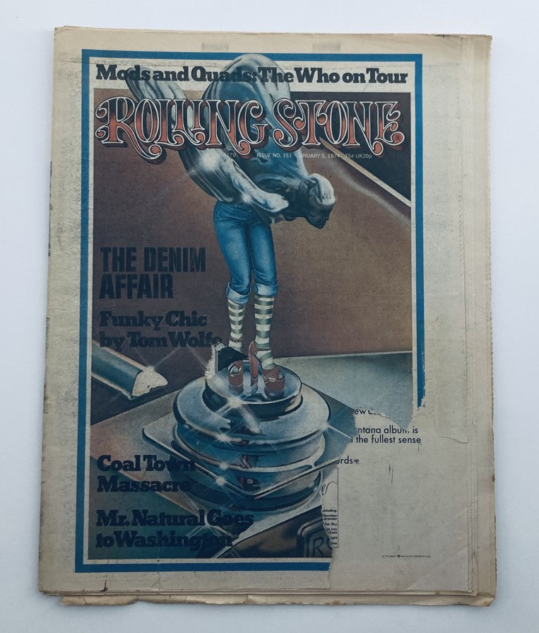Cover of VTG Rolling Stone Magazine January 3 1974 No. 151 titled 'The Denim Affair', featuring a graphic design with denim fashion themes.