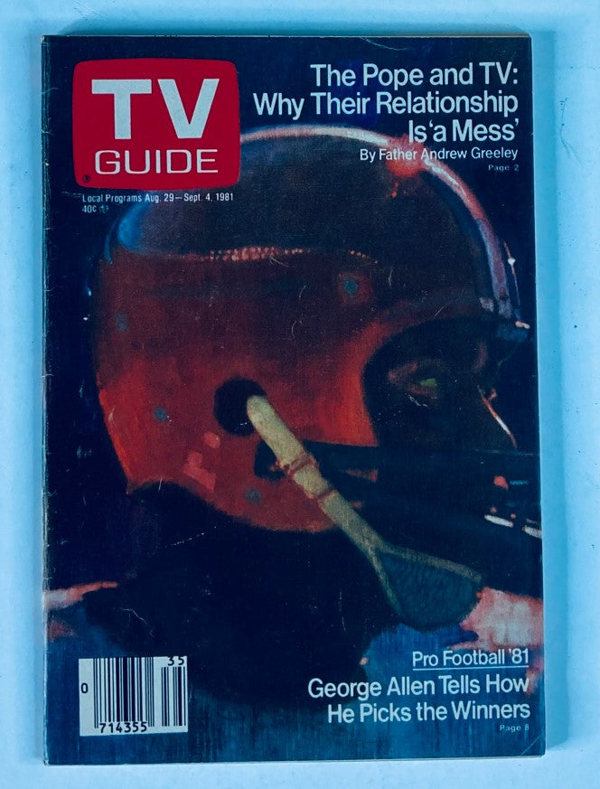 Cover of TV Guide Magazine August 29 1981, Issue #1483 featuring an abstract image, with headlines discussing the relationship between the Pope and television, and an article by Father Andrew Greeley. Also highlights George Allen discussing football.