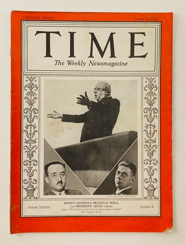 VTG Time Magazine August 24 1936 cover featuring Spain's Generals Franco, Mola and President Azaña, showcasing historical figures of the Spanish Civil War.