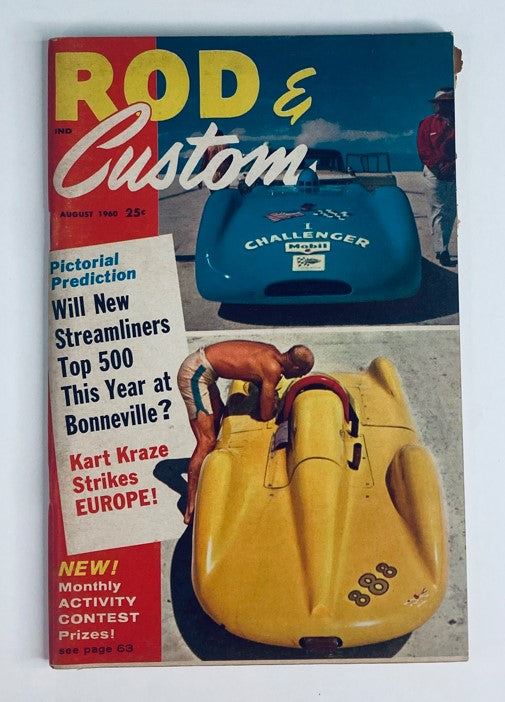 Cover of VTG Rod & Custom Magazine August 1960 featuring 'Kart Kraze Strikes Europe,' showcasing a vibrant automotive graphic design and illustrations of classic karts.