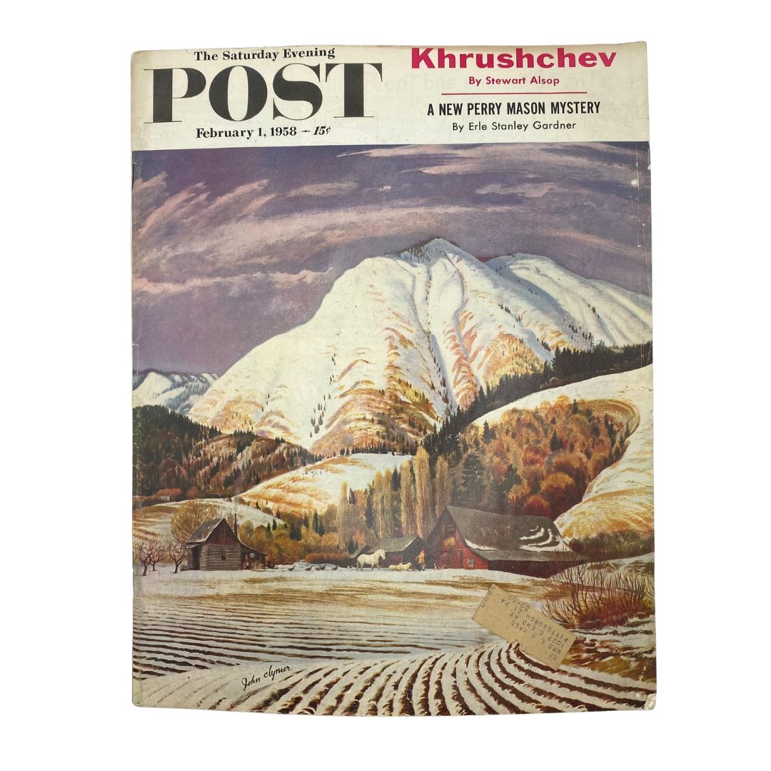 Cover of the Saturday Evening Post Magazine February 1, 1958 featuring artwork 'Goodfurrow's Acres' by John Clymer, showcasing a serene snowy landscape with mountains and rural scenes.