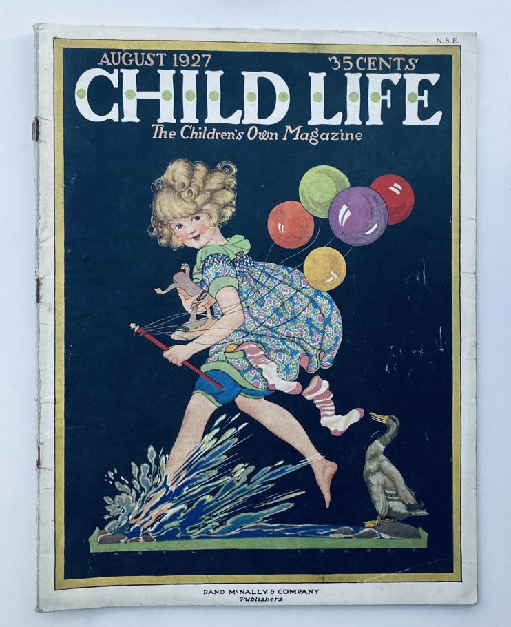 Cover of VTG Child Life Magazine August 1927 showcasing a whimsical illustration of a girl with balloons, announcing it as 'The Children's Own Magazine.'