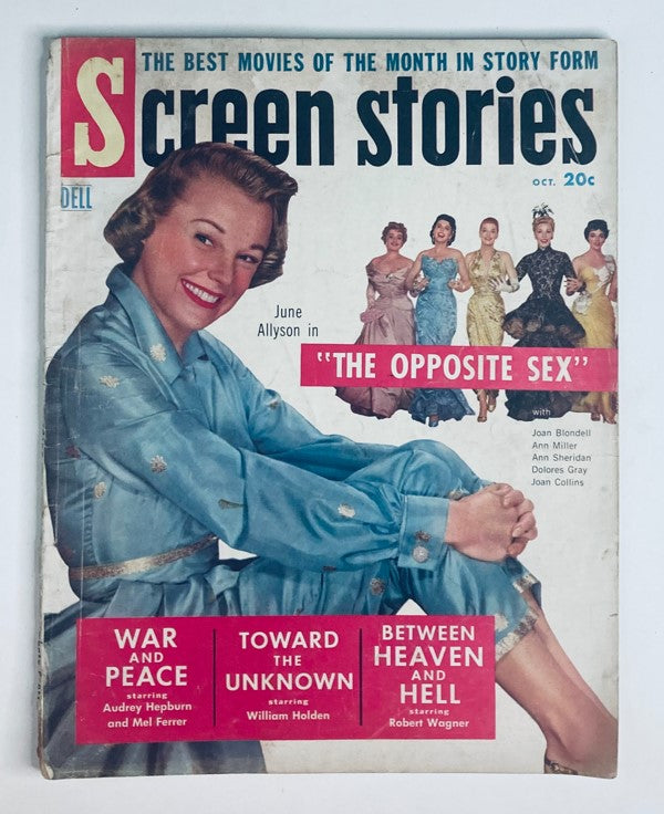 VTG Screen Stories Magazine October 1956 cover featuring June Allyson in a blue outfit, highlighting her role in 'The Opposite Sex', with other actresses in colorful dresses.