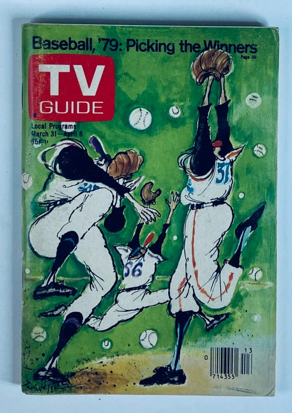 Cover of TV Guide Magazine March 31 1979 featuring baseball theme 'Picking the Winners'. The illustration depicts baseball players in action against a vibrant green background, highlighting the excitement of the sport.