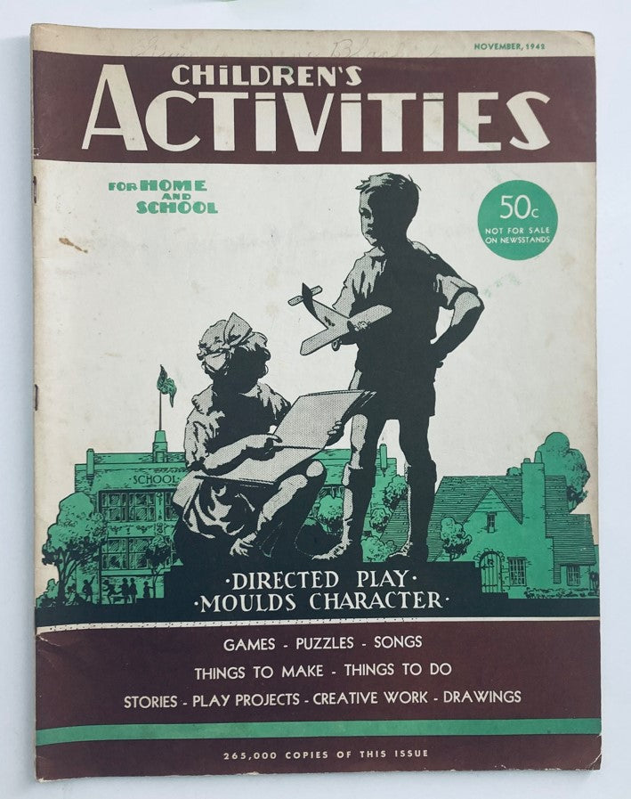 Cover of Children's Activities for Home and School, November 1942, featuring children engaged in creative play, emphasizing the theme of learning through fun activities.