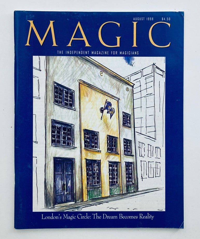 Cover of VTG Magic Magazine for Magicians August 1998 featuring an illustration of London's Magic Circle. The magazine highlights the theme 'The Dream Becomes Reality' and is suitable for magic enthusiasts.
