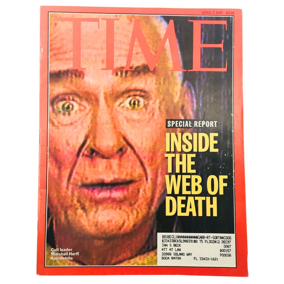 Time Magazine April 7 1997 cover featuring a special report titled 'Inside the Web of Death' focused on cult leader Marshall Herff Applewhite, capturing a pivotal moment in journalism.