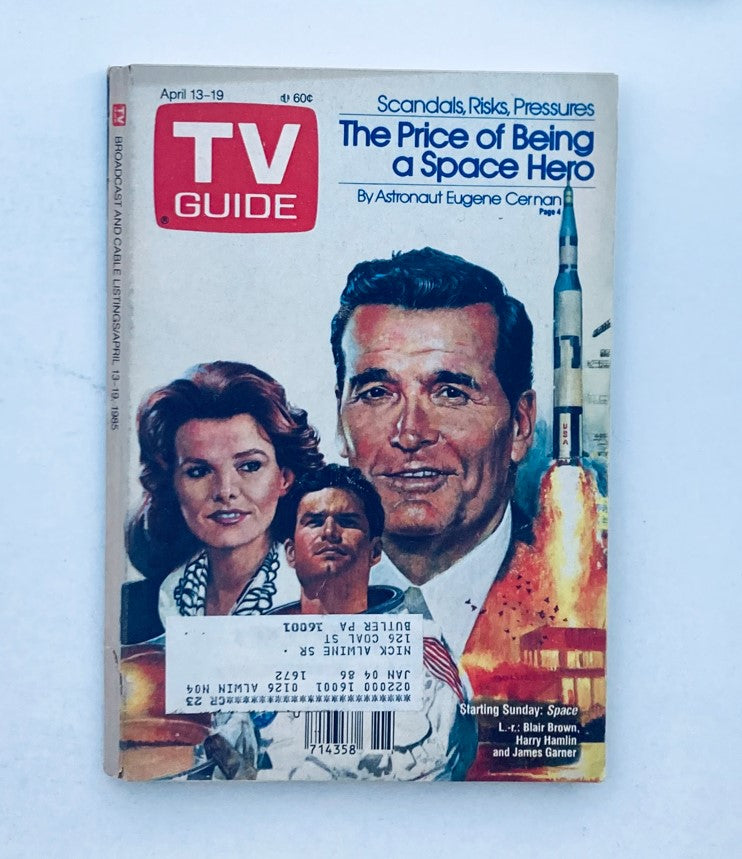 TV Guide Magazine April 13 1985 featuring Blair Brown and Harry Hamlin on the cover, showcasing the theme 'The Price of Being a Space Hero' with vibrant colors and iconic cover design.