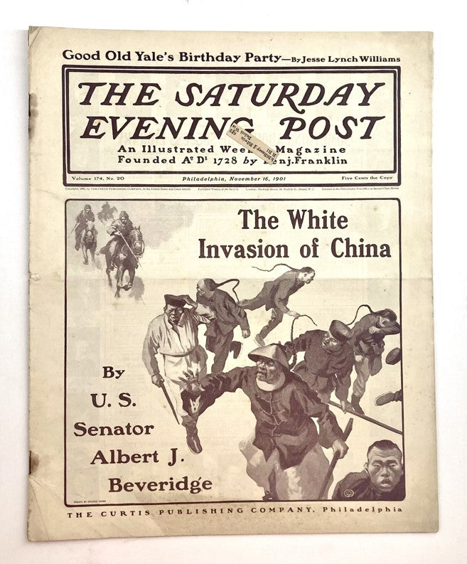 Saturday Evening Post Illustrated Cover Magazine November 16 1901 featuring The White Invasion of China, depicting historical events and cultural reflections from early 20th-century America.