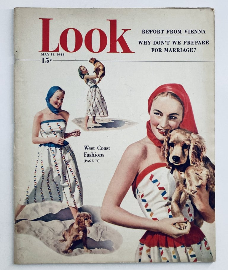 Cover of VTG Look Magazine May 11 1948 showcasing models in fashionable dresses with a playful dog, highlighting its theme of adventure and movie thrills.
