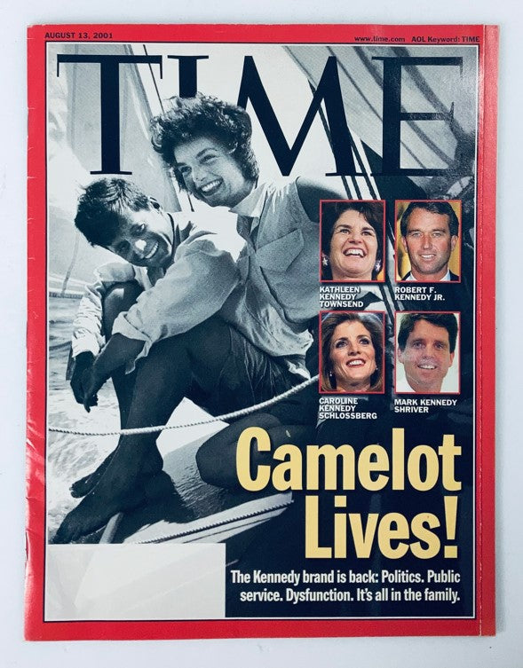 Time Magazine August 13 2001, Vol 158 No. 6 featuring Camelot Lives theme, showcasing members of the Kennedy family including Kathleen Kennedy Townsend and Robert F. Kennedy Jr.