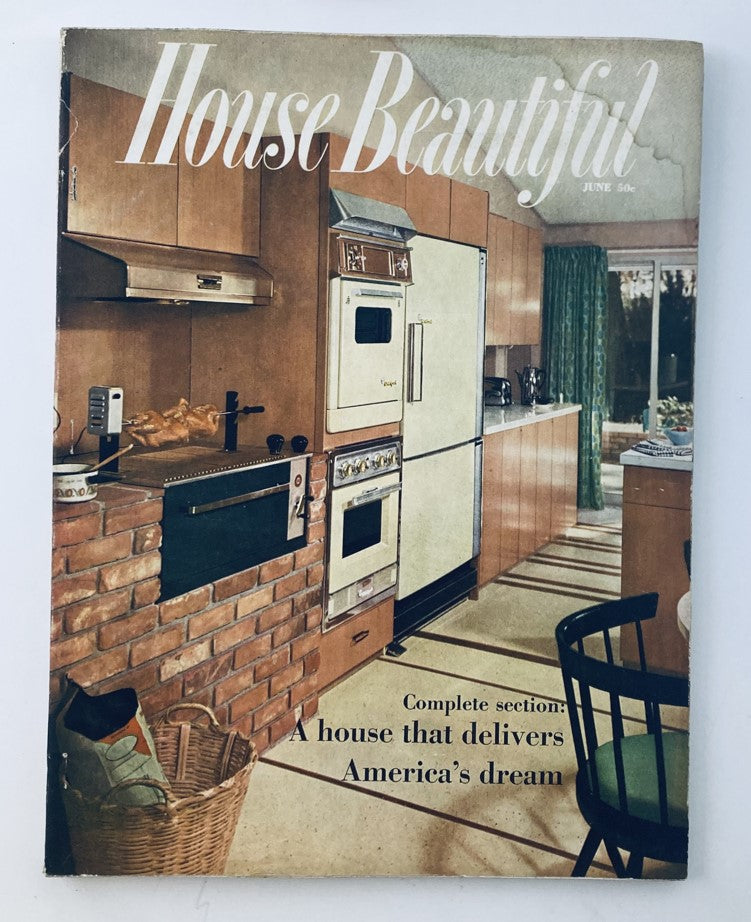 House Beautiful Magazine June 1958 cover featuring a stylish kitchen design with modern appliances and a warm color palette, showcasing mid-century home decor.