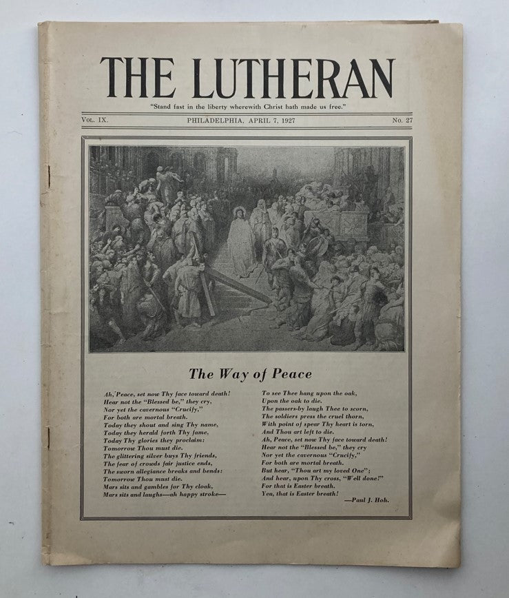 Cover of VTG The Lutheran Magazine, April 7, 1927, featuring the title 'The Way of Peace' and an illustration depicting a historical scene.