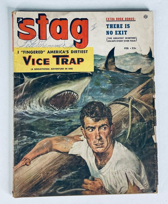 Cover of VTG Stag Magazine February 1954 Vol 5 No. 2 featuring the headline 'I Fingered America's Dirtiest Vice Trap' with a dramatic illustration of a man facing a shark.