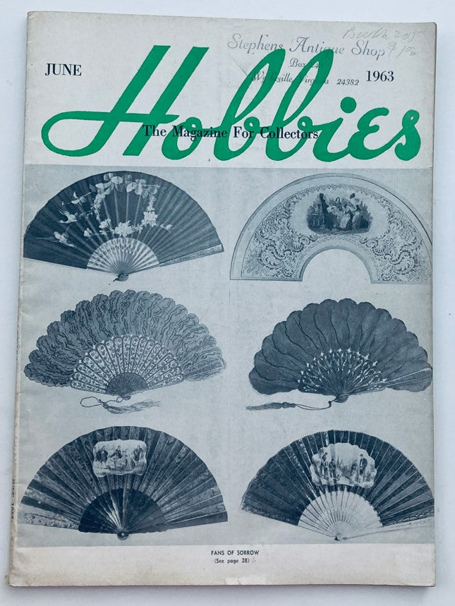 Cover of Hobbies Magazine for Collectors June 1963 Vol 68 No. 4: Fans of Sorrow featuring illustrations of various decorative fans, capturing the essence of collectors' interests in vintage items from the 1960s.