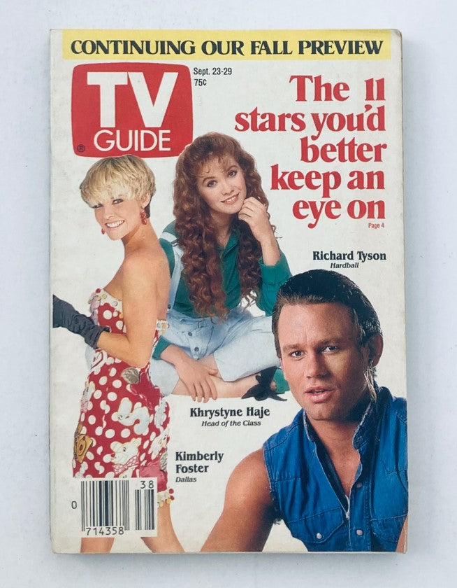 TV Guide Magazine from September 23, 1989 featuring Kimberly Foster on the cover, along with Khrystyne Haje and Richard Tyson, showcasing popular television stars of the era.
