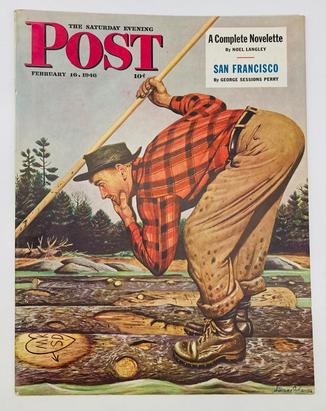 Cover of Saturday Evening Post Magazine February 16, 1946 featuring an illustration by Stevan Dohanos, depicting a man in a plaid shirt using a long pole while looking thoughtfully at logs in a forested area.