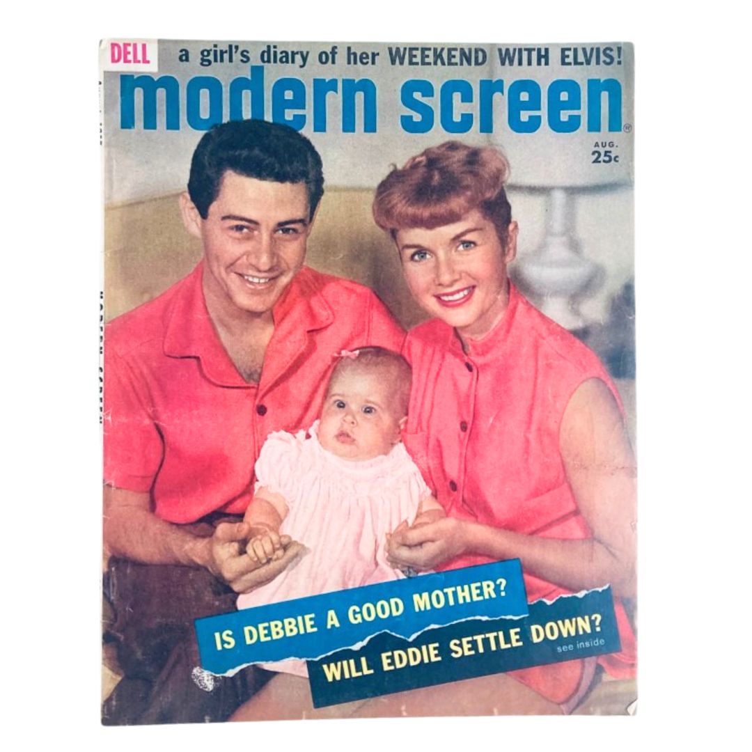 VTG Modern Screen Magazine August 1957 featuring Debbie Reynolds on the cover with a vibrant photo of Debbie Reynolds and her husband holding a baby, highlighting iconic Hollywood charm.