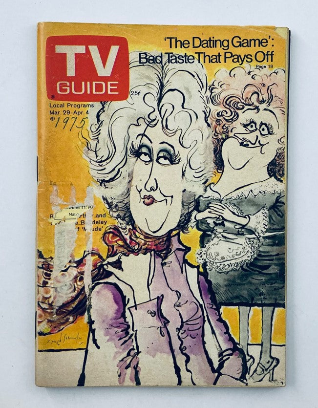 Cover of TV Guide Magazine March 29 1975 #1148 featuring a colorful illustration of Bea Arthur and a woman on a game show set, highlighting the retro style of 1970s television.