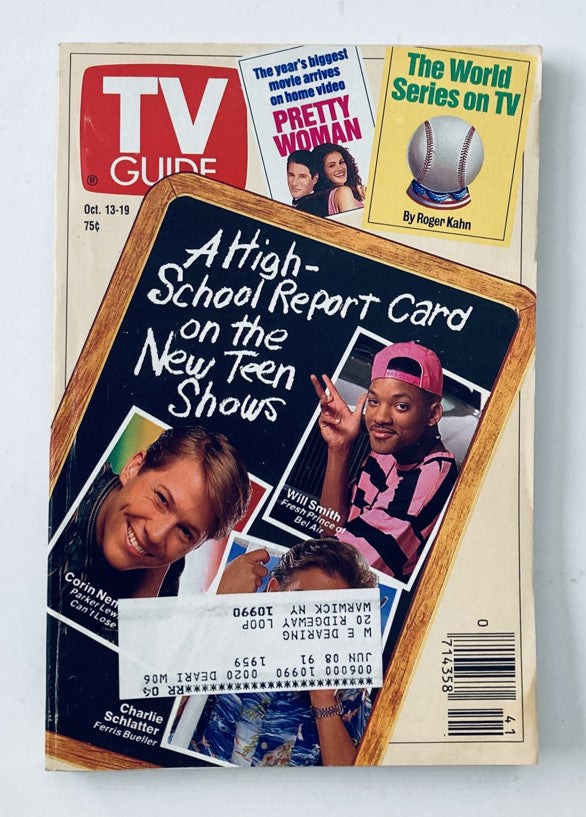 TV Guide Magazine October 13 1990 cover featuring Will Smith and Charlie Schlatter, showcasing the headline 'A High-School Report Card on the New Teen Shows' and highlights such as 'Pretty Woman' and 'World Series on TV'.
