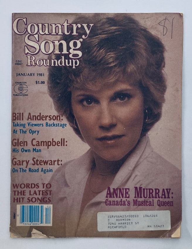 Cover of the January 1981 Country Song Roundup Magazine featuring Anne Murray, titled 'VTG Country Song Roundup Magazine January 1981 Anne Murray Musical Queen'. The cover highlights articles on Bill Anderson, Glen Campbell, and Gary Stewart, and emphasizes Anne Murray's impact on country music.
