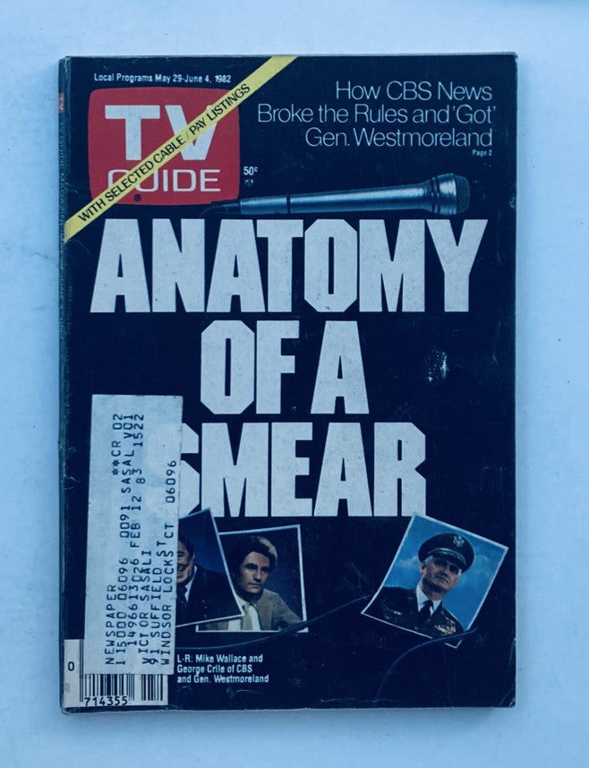Cover of TV Guide Magazine, May 29, 1982 featuring the title 'ANATOMY OF A SMEAR'. The issue includes articles by Mike Wallace and George Crile, discussing CBS News and General Westmoreland.