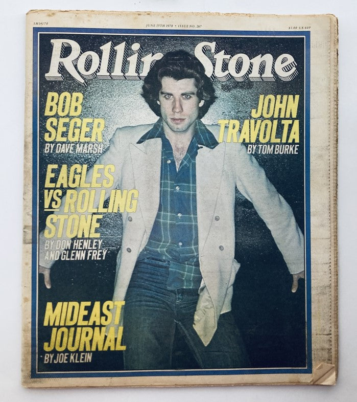 Rolling Stone Magazine June 15 1978 Issue 267 featuring John Travolta on the cover. The cover depicts Travolta dressed in a stylish outfit with text highlighting Bob Seger and Eagles vs Rolling Stone.