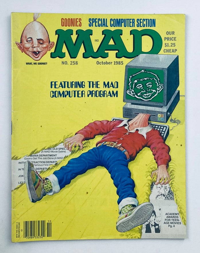 Cover of Mad Magazine October 1985 No. 258 featuring the Mad Computer Program, showcasing satirical illustrations and vibrant colors, highlighting technology themes of the 1980s.