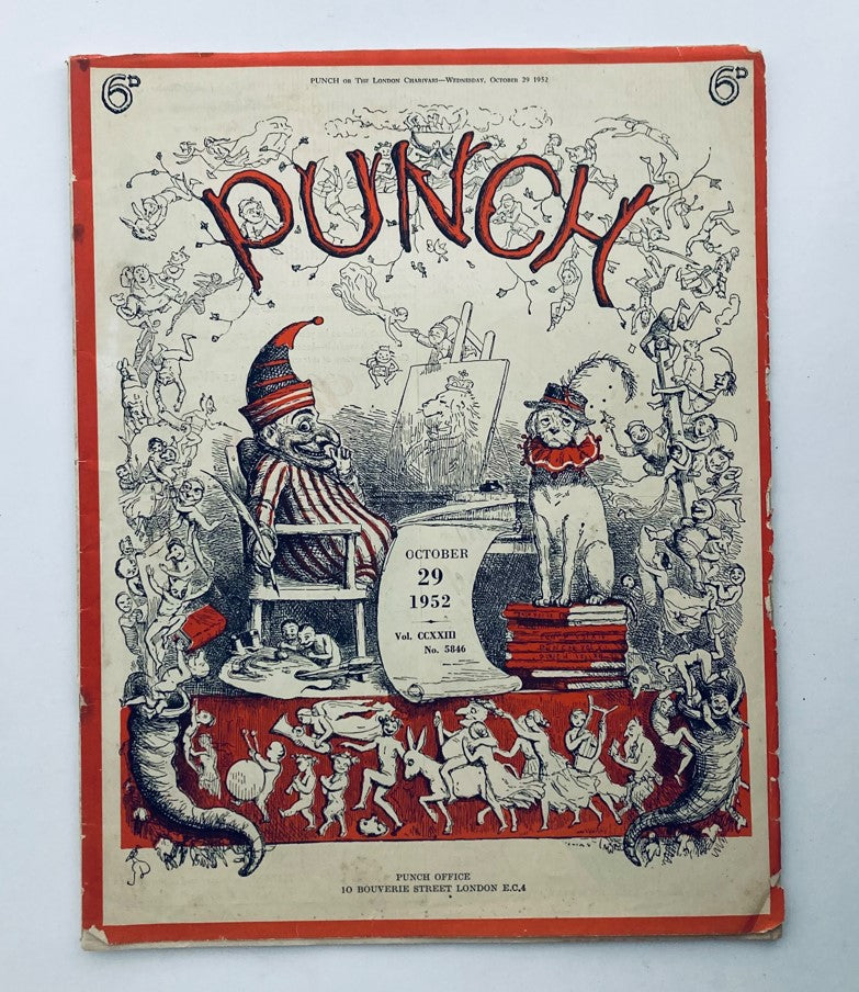 Cover of Punch Magazine from October 29, 1952, Volume 223, Number 5846, featuring whimsical WWII-themed cartoons and humorous illustrations.