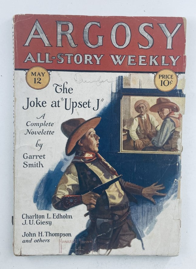 Cover of VTG Argosy Magazine May 12, 1928, Volume 194, Number 6 featuring 'The Joke at Upset J', with artwork showcasing a cowboy character holding a knife, surrounded by other characters.