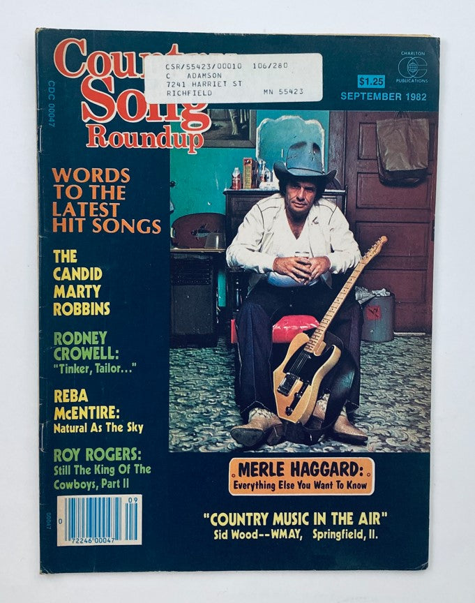 Cover of the VTG Country Song Roundup Magazine September 1982 featuring Merle Haggard and Marty Robbins, showcasing articles about country music's hit songs.