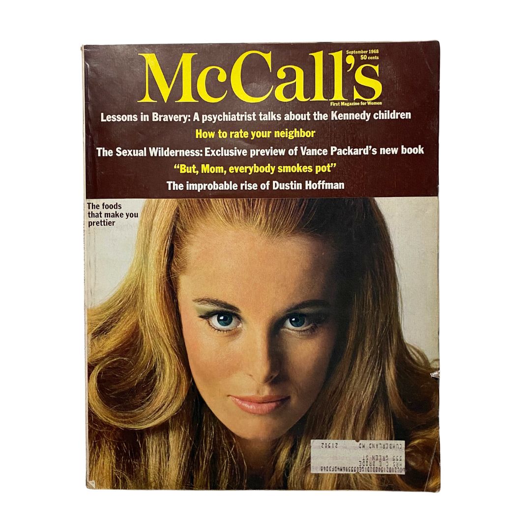 Cover of VTG McCall's Magazine from September 1968 featuring the title 'The Foods That Make You Prettier' with a focus on a woman with long hair and striking blue eyes, presenting vintage beauty and lifestyle insights.