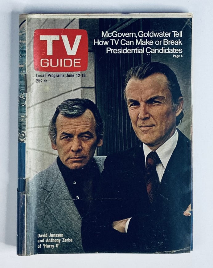 TV Guide Magazine June 12, 1976, #1211 cover featuring David Janssen and Anthony Zerbe, highlighting their roles in the TV series 'Harry O' with a backdrop discussing the influence of television on presidential candidates.