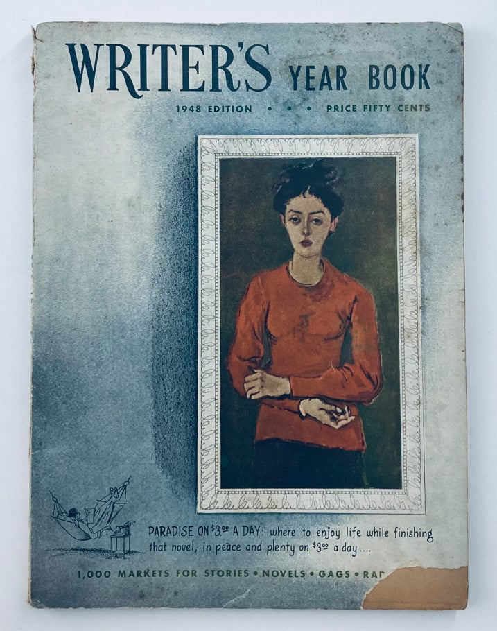 Cover of VTG The Writer's Year Book 1948 Edition featuring an artwork of a woman in a red shirt, highlighting markets for stories and novels, designed for writers and collectors.