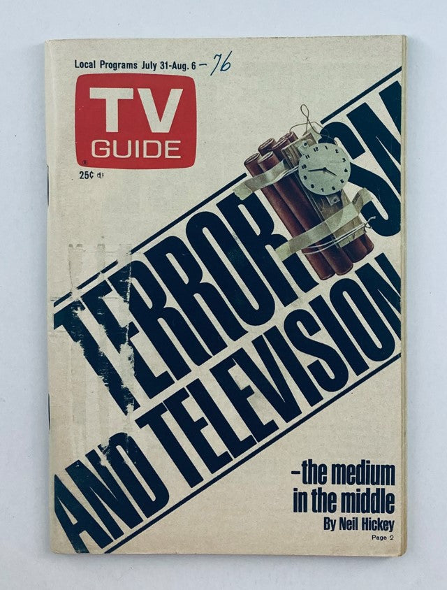 Cover of the TV Guide Magazine July 31 1976 issue #1218 featuring the title 'The Medium in the Middle'. The cover displays bold text related to television and a graphic of a clock with dynamite, reflecting the magazine's theme.