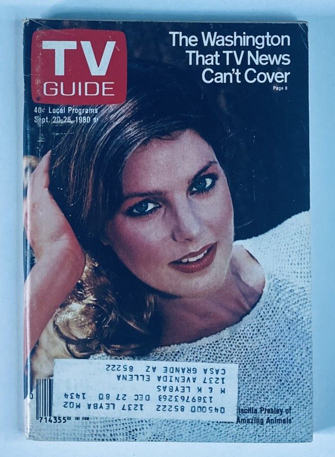 Cover of TV Guide Magazine September 20, 1980, Issue #1434 featuring Priscilla Presley, with headlines and promotional content related to television programming.
