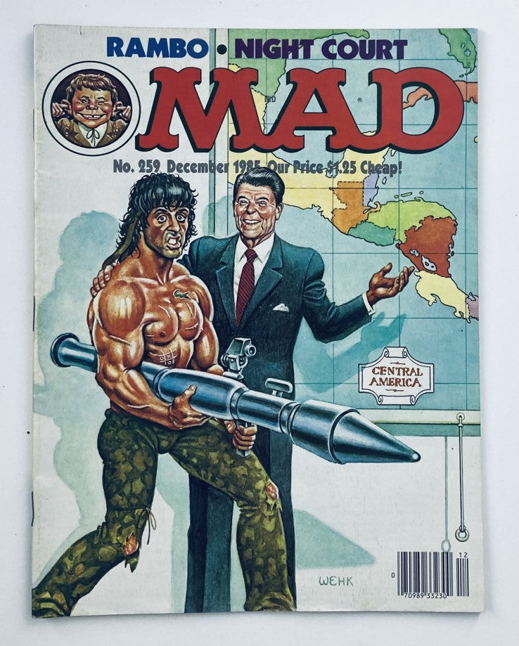 Cover of Mad Magazine December 1985 No. 259 featuring iconic illustration of Ronald Reagan and Rocky. The cover showcases vibrant colors and satirical imagery, highlighting the blend of humor and political commentary typical of the magazine.