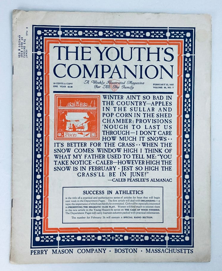 Cover of VTG The Youth's Companion Magazine February 12 1925, featuring the title prominently and details about winter in the country and success in athletics.