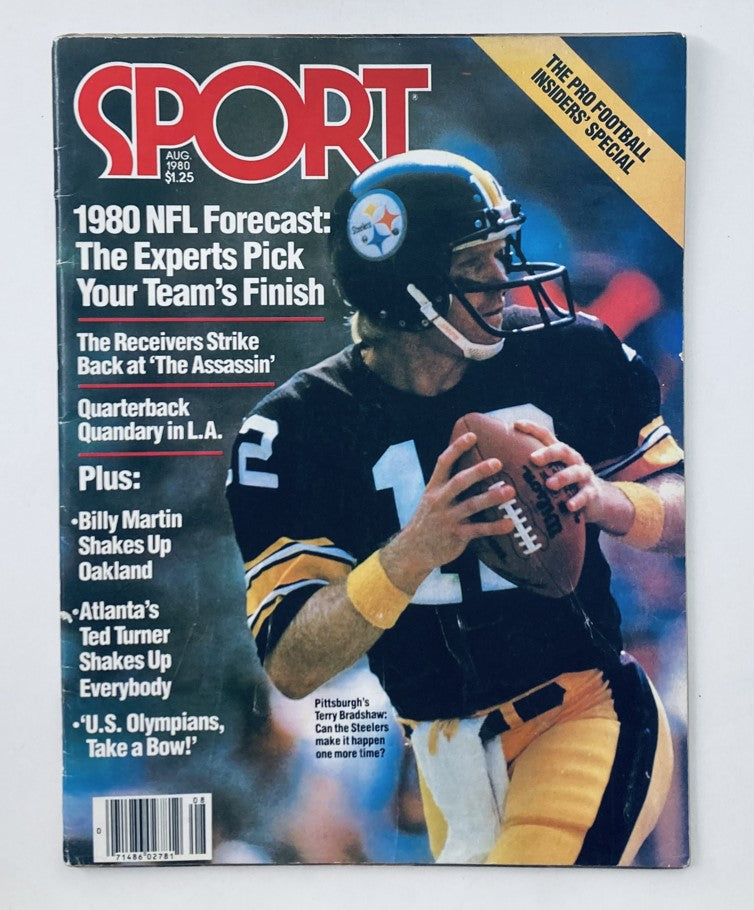 Cover of VTG Sport Magazine August 1980 Vol 71 No. 2 featuring Pittsburgh's Terry Bradshaw in action, showcasing the NFL, with headlines about the 1980 NFL forecast and key players.