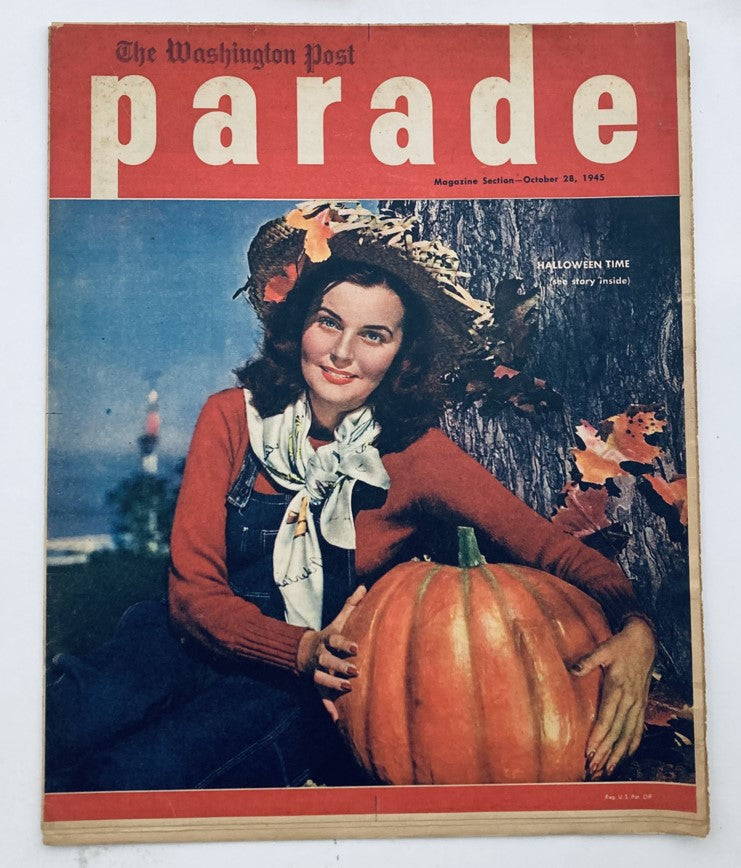 Cover of Parade Newspaper Magazine from The Washington Post, dated October 28, 1945, featuring a woman with a pumpkin in a Halloween-themed illustration.