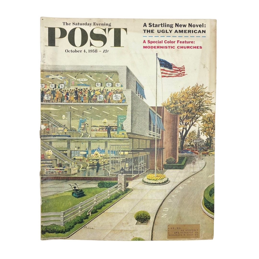 Cover of Saturday Evening Post Magazine from October 4, 1958, showcasing a vibrant illustration of a modern building with people shopping, highlighting the World Series.