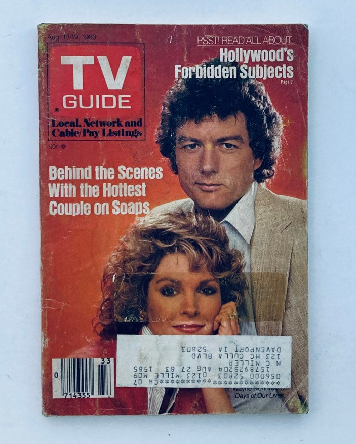 TV Guide Magazine cover from August 13 1983 featuring Wayne Northrop and Deidre Hall, highlighted as the hottest couple on soaps. Includes details on local, network, and cable/pay listings.